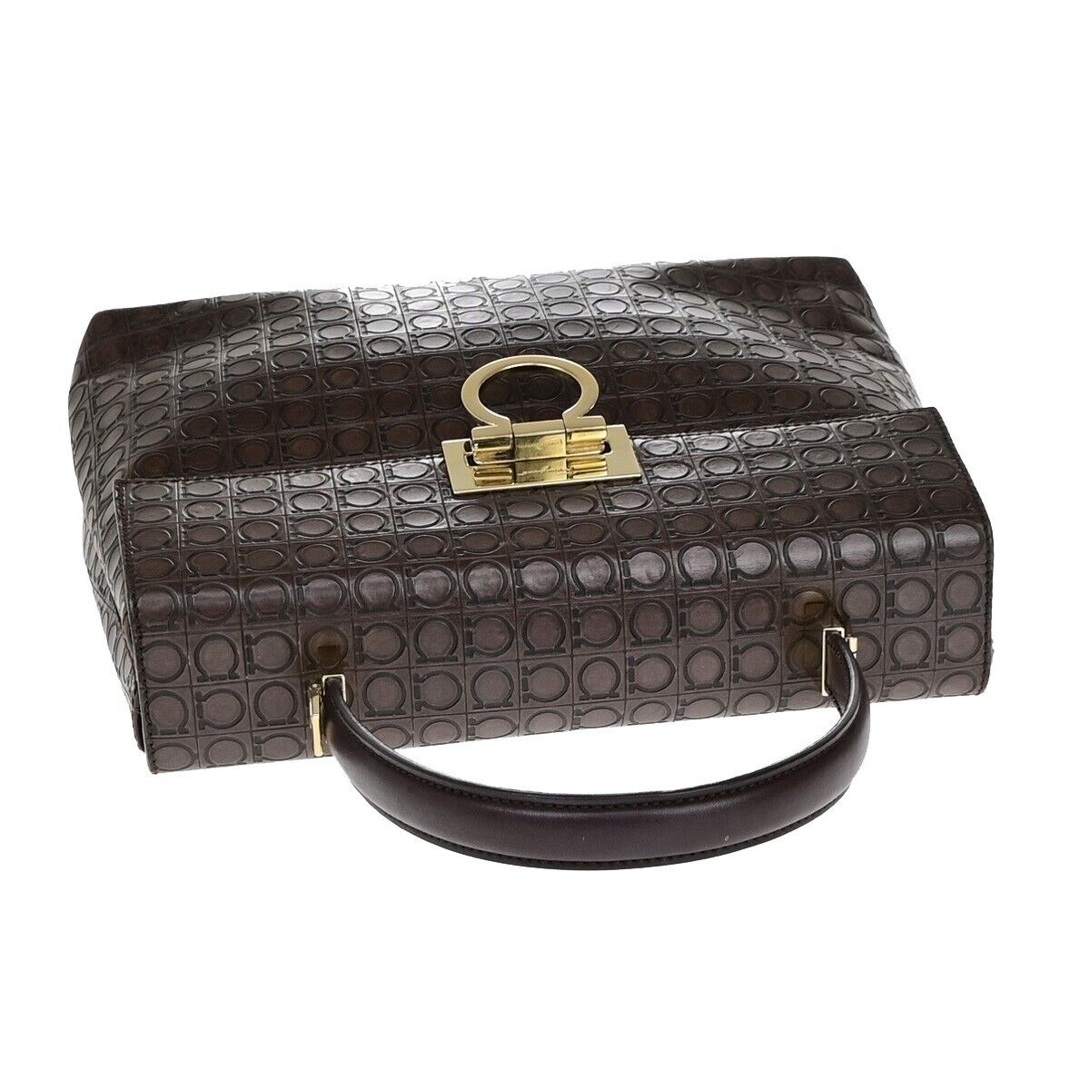 SALVATORE FERRAGAMO Logo Gancini Hand Bag Embossing Leather Brown GHW 31EB621