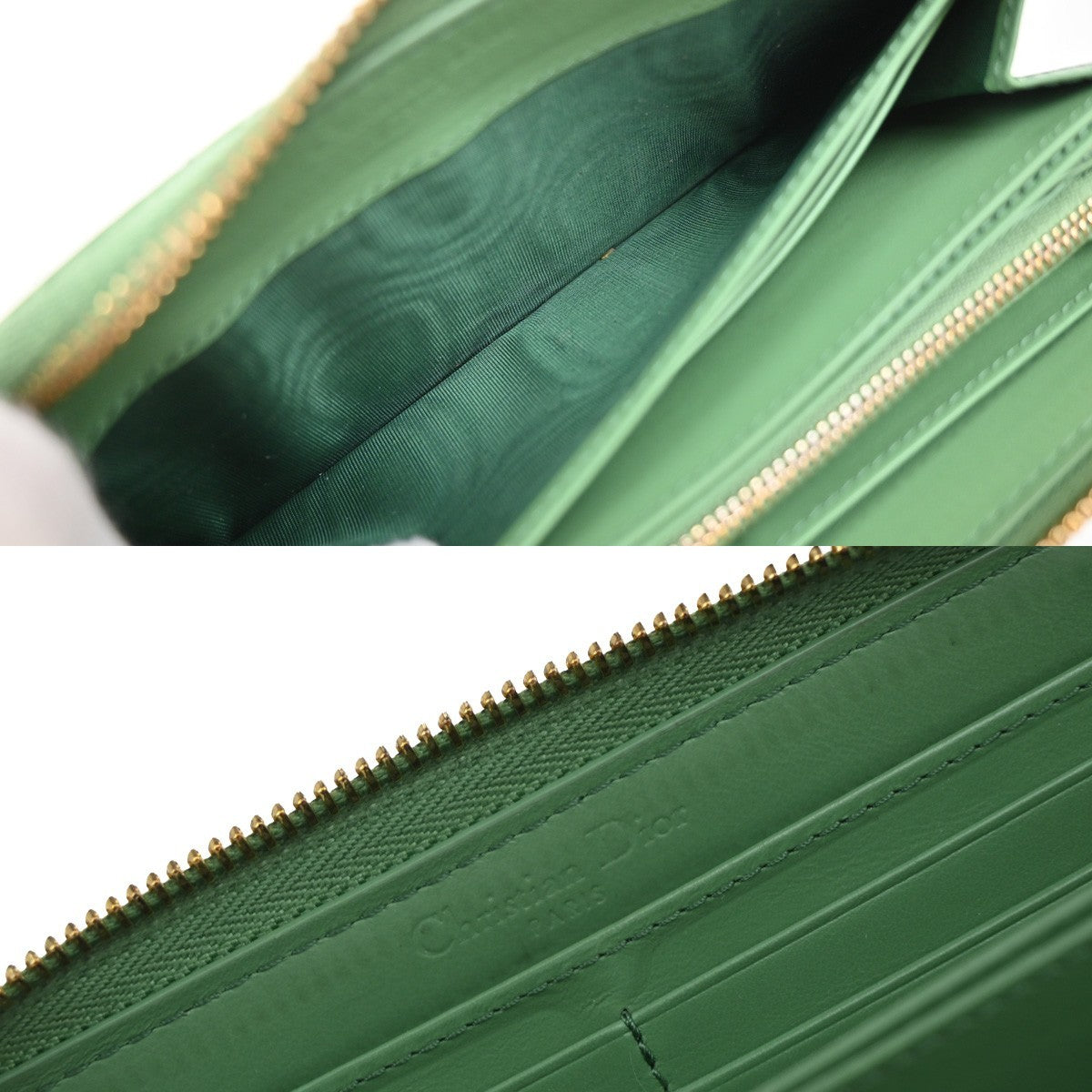 CHRISTIAN DIOR Logo Cannage Zip Around Long Wallet Patent Leather Green 36EG143
