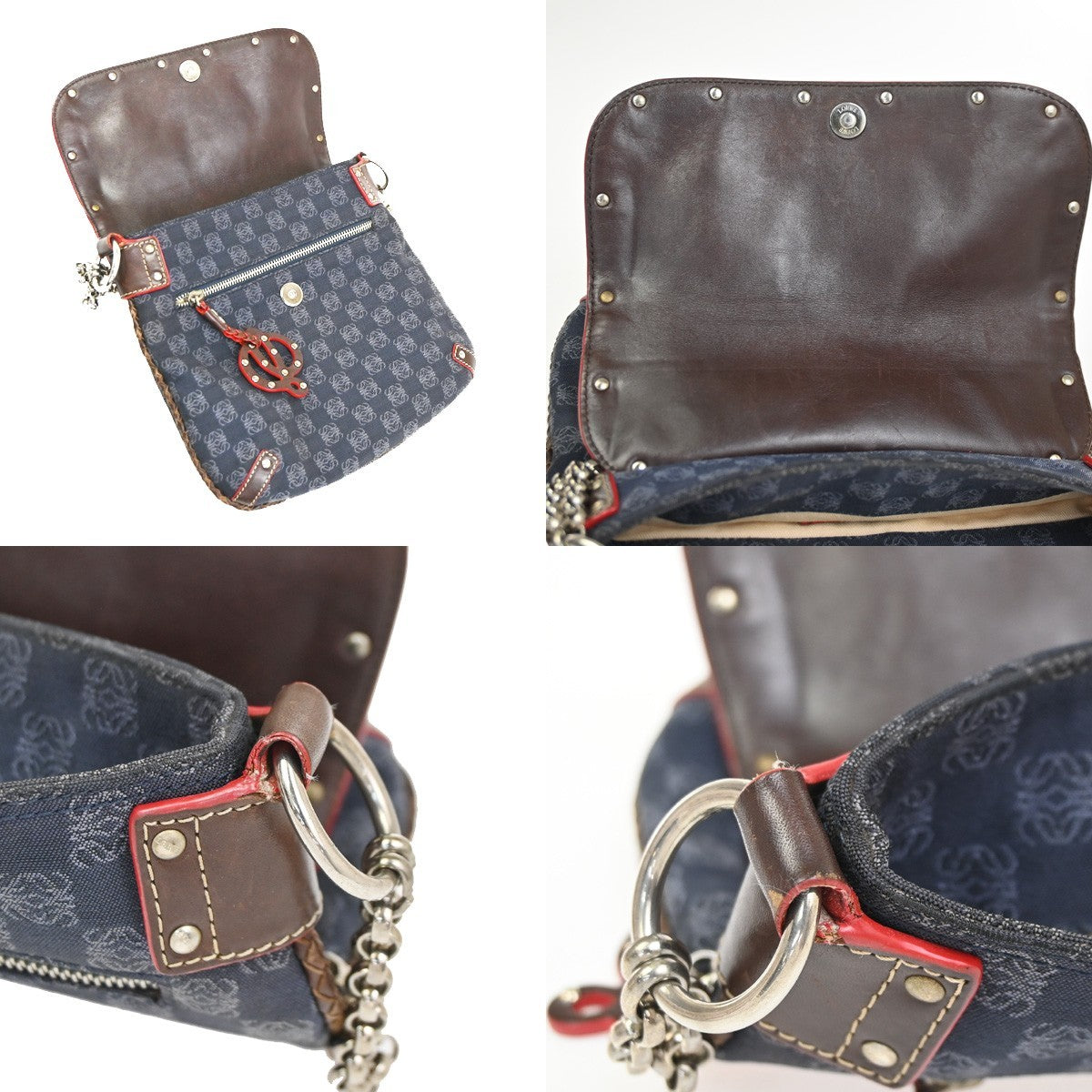 LOEWE Logo Anagram Studded Flap Shoulder Bag Canvas Leather Navy SHW 35CA788