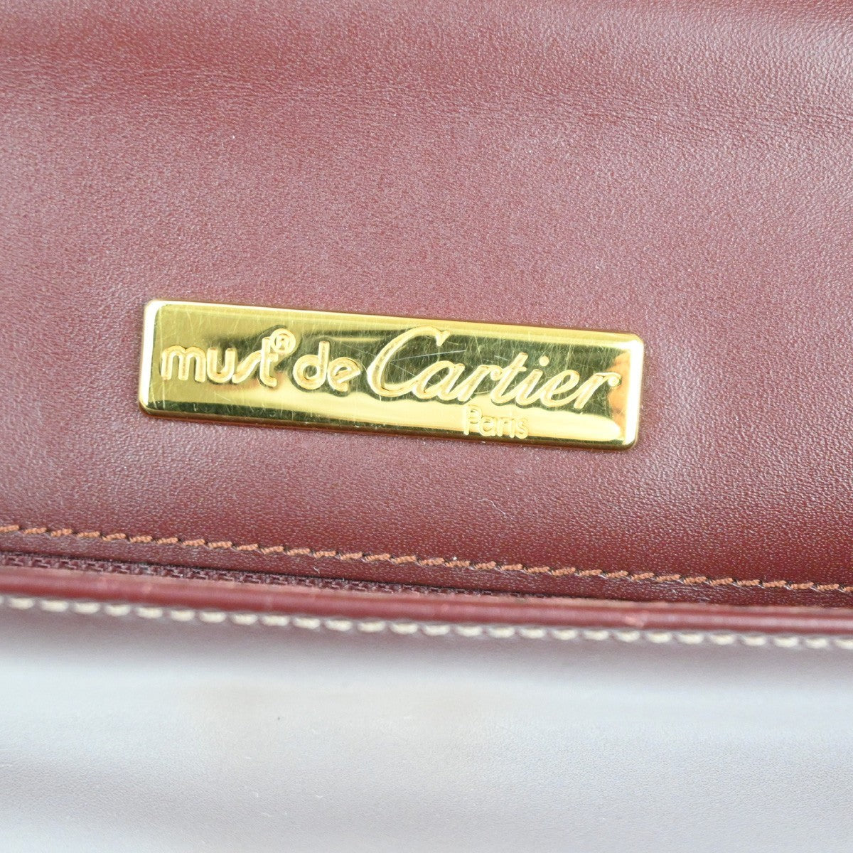 CARTIER Logo Must Line Hand Bag Leather Red Gold Burgundy Italy 64TA506