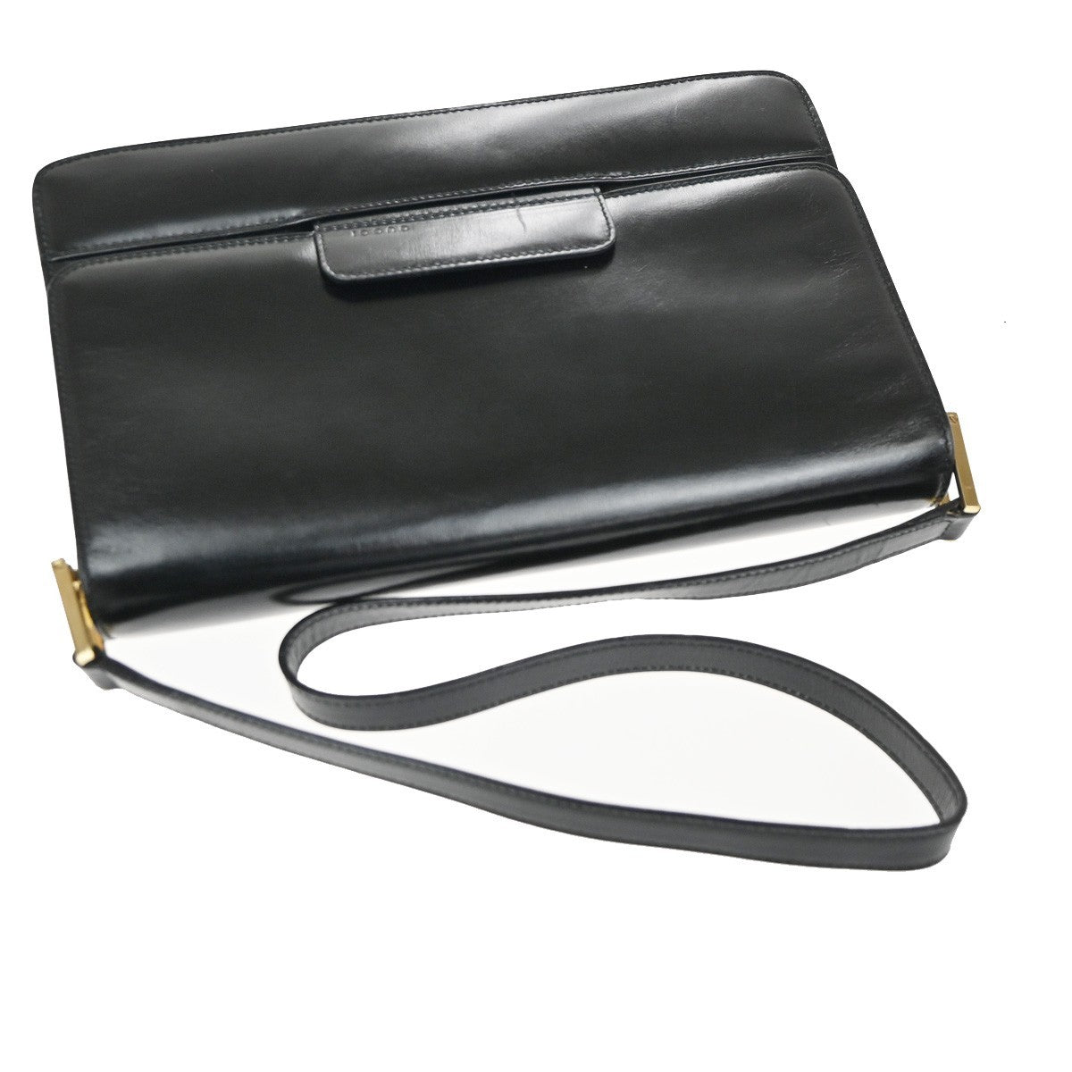 GUCCI LOGO Flap One Shoulder Hand Bag Leather Black GHW Italy 67KD073