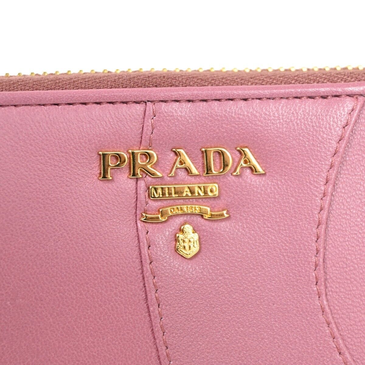 PRADA Logo Long Zip Wallet Nappa Stripes Leather Camelia Pink Gold Italy 82SH690