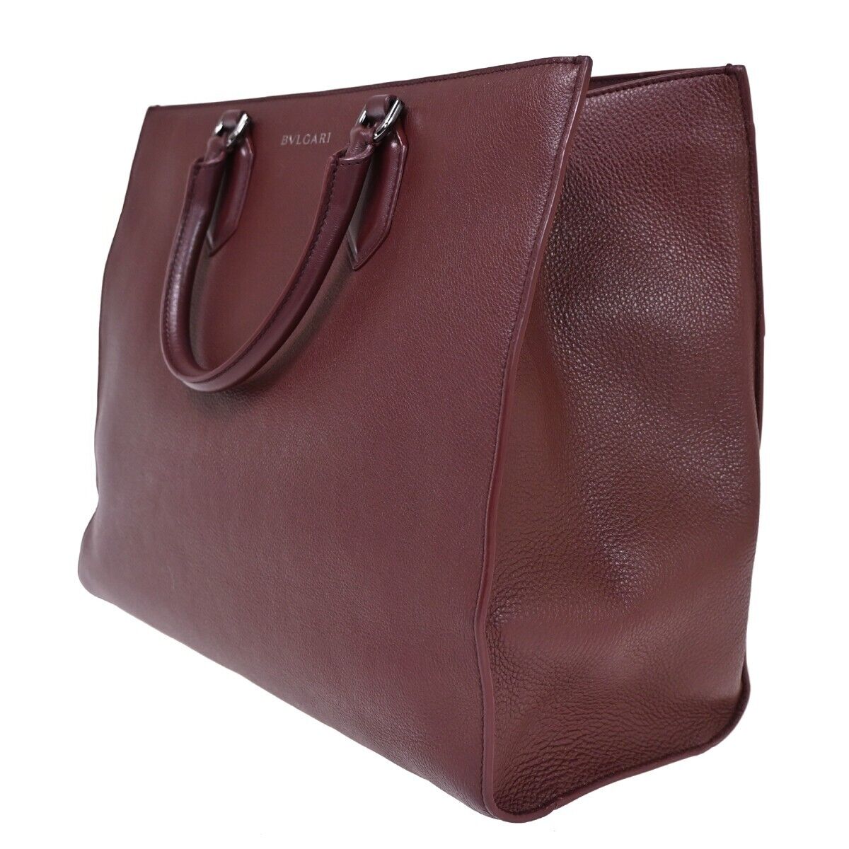 BVLGARI LOGO Hand Tote Bag Canvas Calf Leather Bordeaux Silver Italy 98HB362