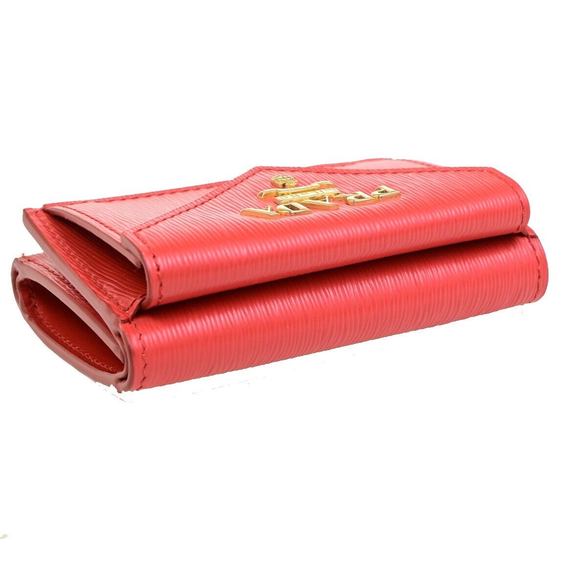 PRADA MILANO Logo Trifold Compact Wallet Vitello Move Leather Red Gold 86RF207