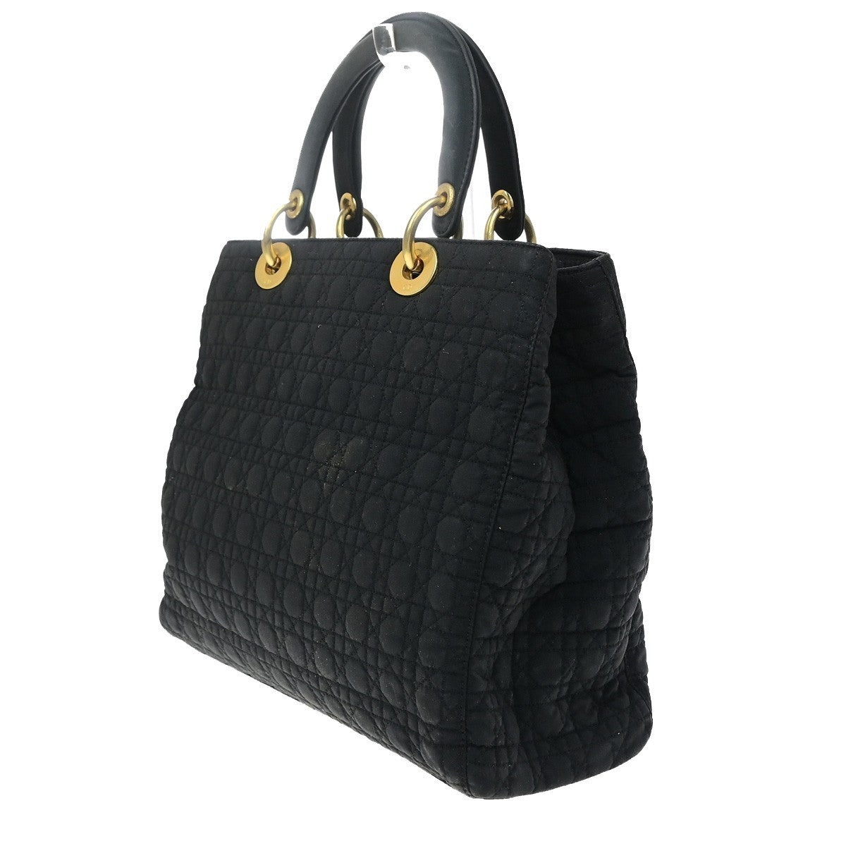 CHRISTIAN DIOR Logo Lady Cannage Hand Bag Nylon Leather Black GHW Italy 89EG409