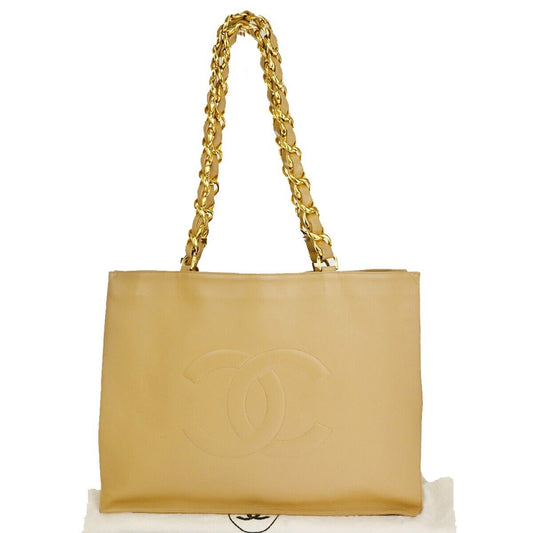 CHANEL CC Logo Chain Shoulder Tote Bag Leather Beige Gold-Plated France 629RJ479