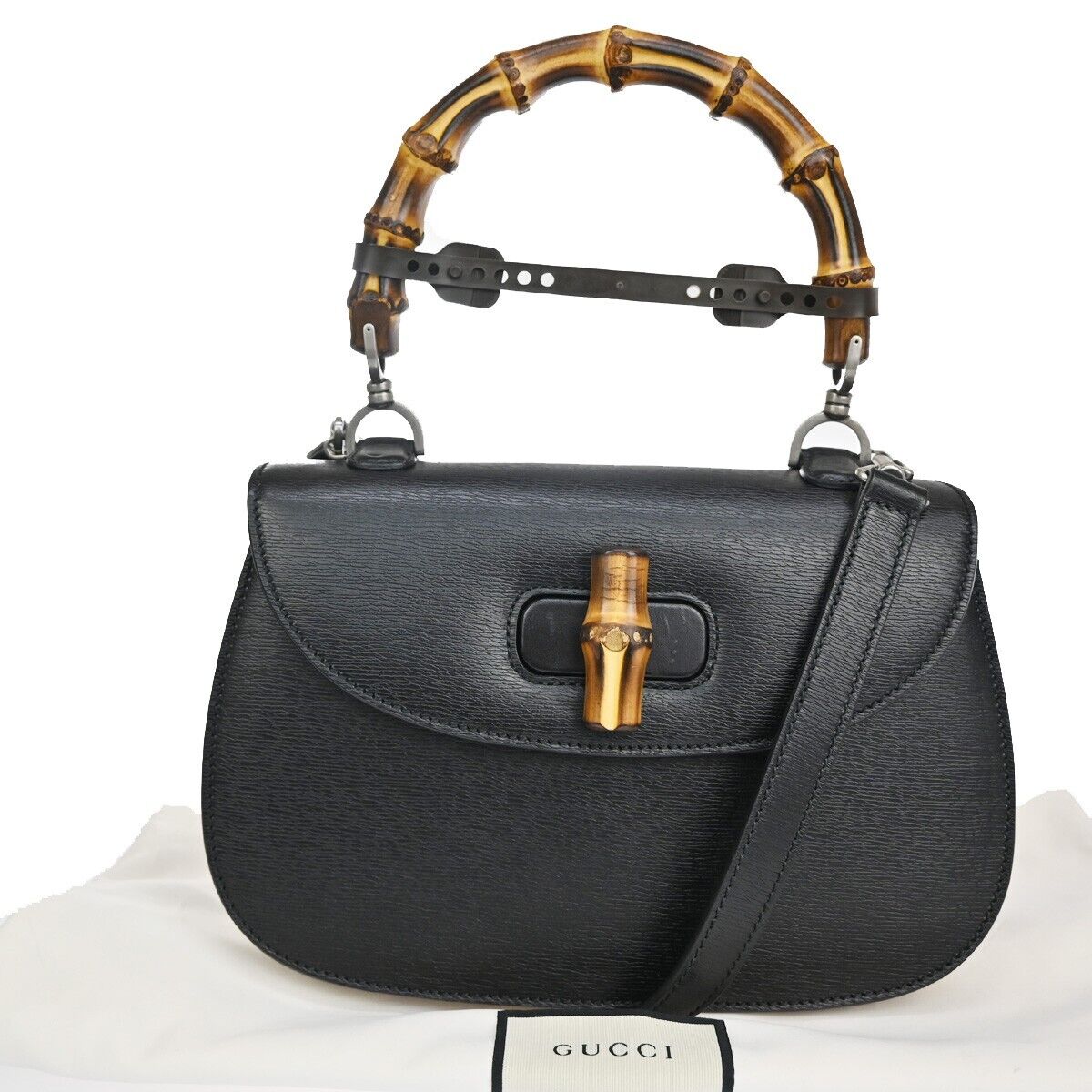 GUCCI Logo Bamboo 2Way Shoulder Hand Bag Leather Black Silver Italy 629RH724