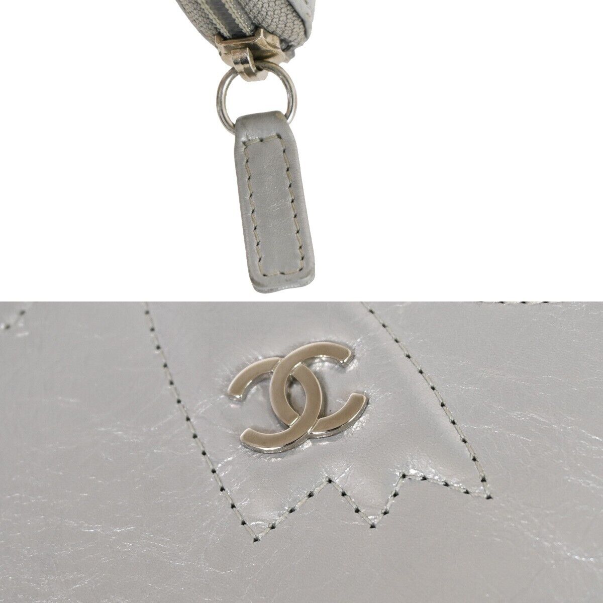 CHANEL CC Ribbon Around Zipper Bifold Wallet Purse Leather Silver SHW 60YD723