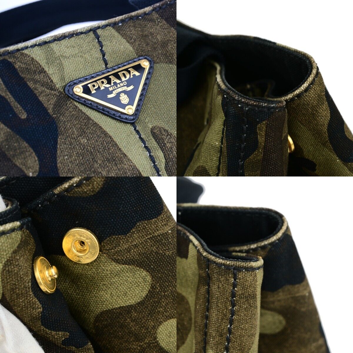 PRADA Logo Camouflage CANAPA Hand Tote Bag Canvas Leather Green GHW 77EC960