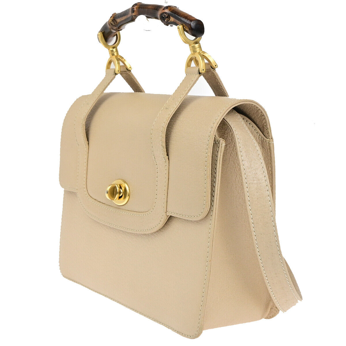 GUCCI Logo Bamboo 2Way Shoulder Hand Bag Leather Beige GHW Italy 95YG616