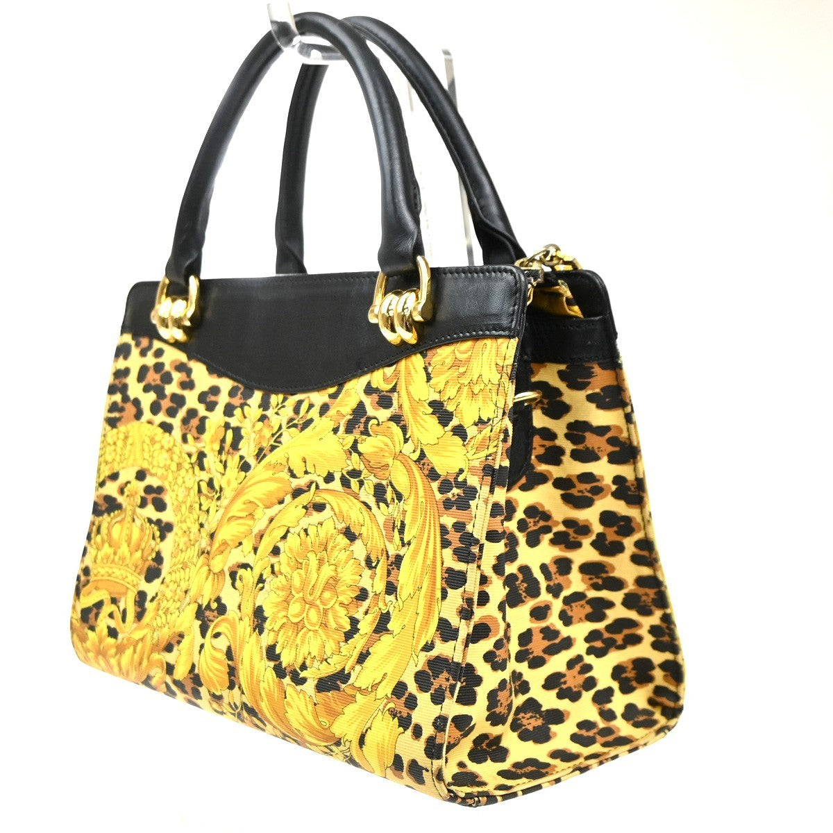 GIANNI VERSACE Logo Hand Bag Canvas Leather Yellow Black Italy GHW 30MA670