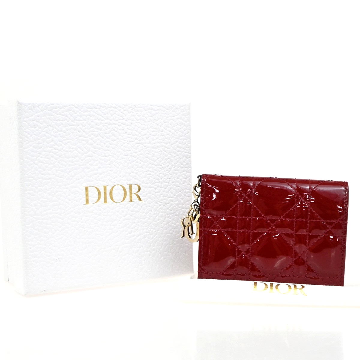 CHRISTIAN DIOR Cannage Mini Lady Dior Gardenia Wallet Patent Leather Red 80RL584