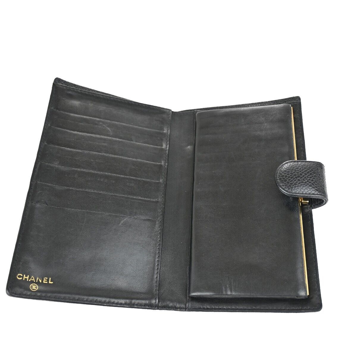 CHANEL CC Logo Long Bifold Wallet Purse Caviar Skin Leather Black France 81RJ714