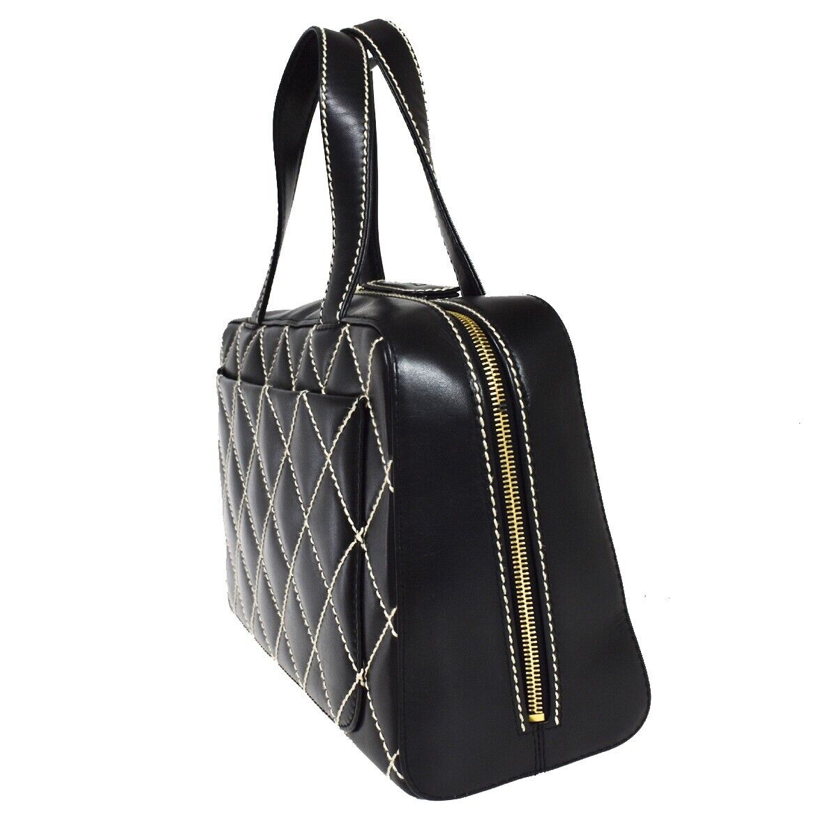 CHANEL CC Logo Wild Stitch Hand Tote Bag Leather Black GHW Italy 673RC754