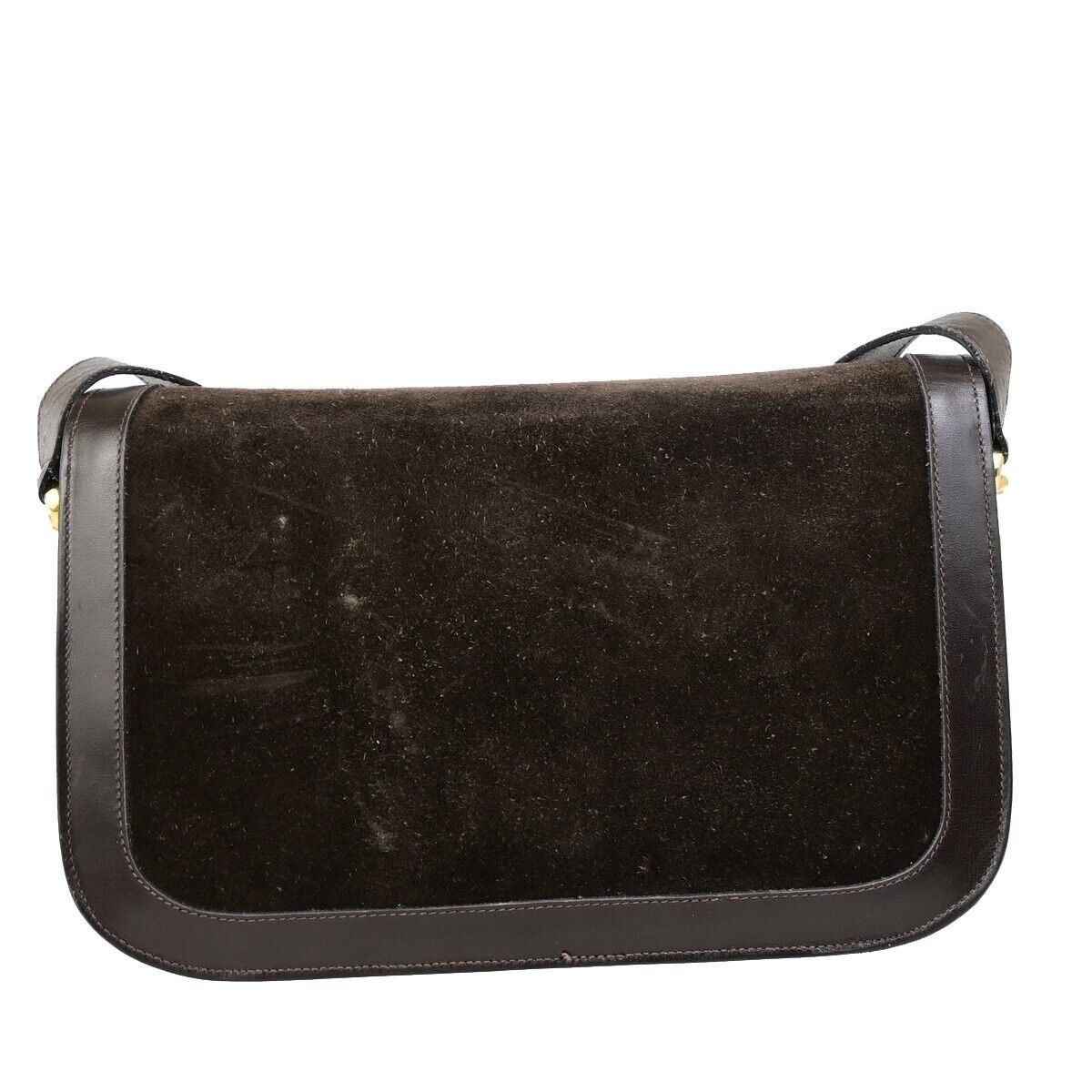 CELINE Logo Crossbody Shoulder Bag Suede Leather Brown GHW 63EC954