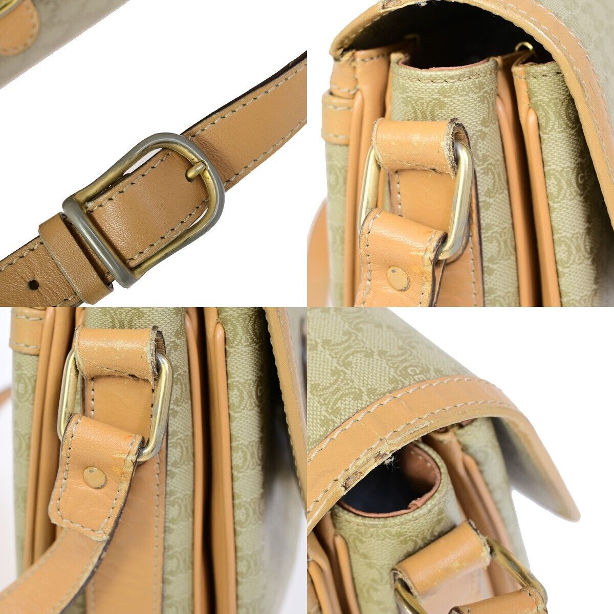 CELINE Logo Macadam Pattern Shoulder Bag PVC Leather Beige Italy 68EB396