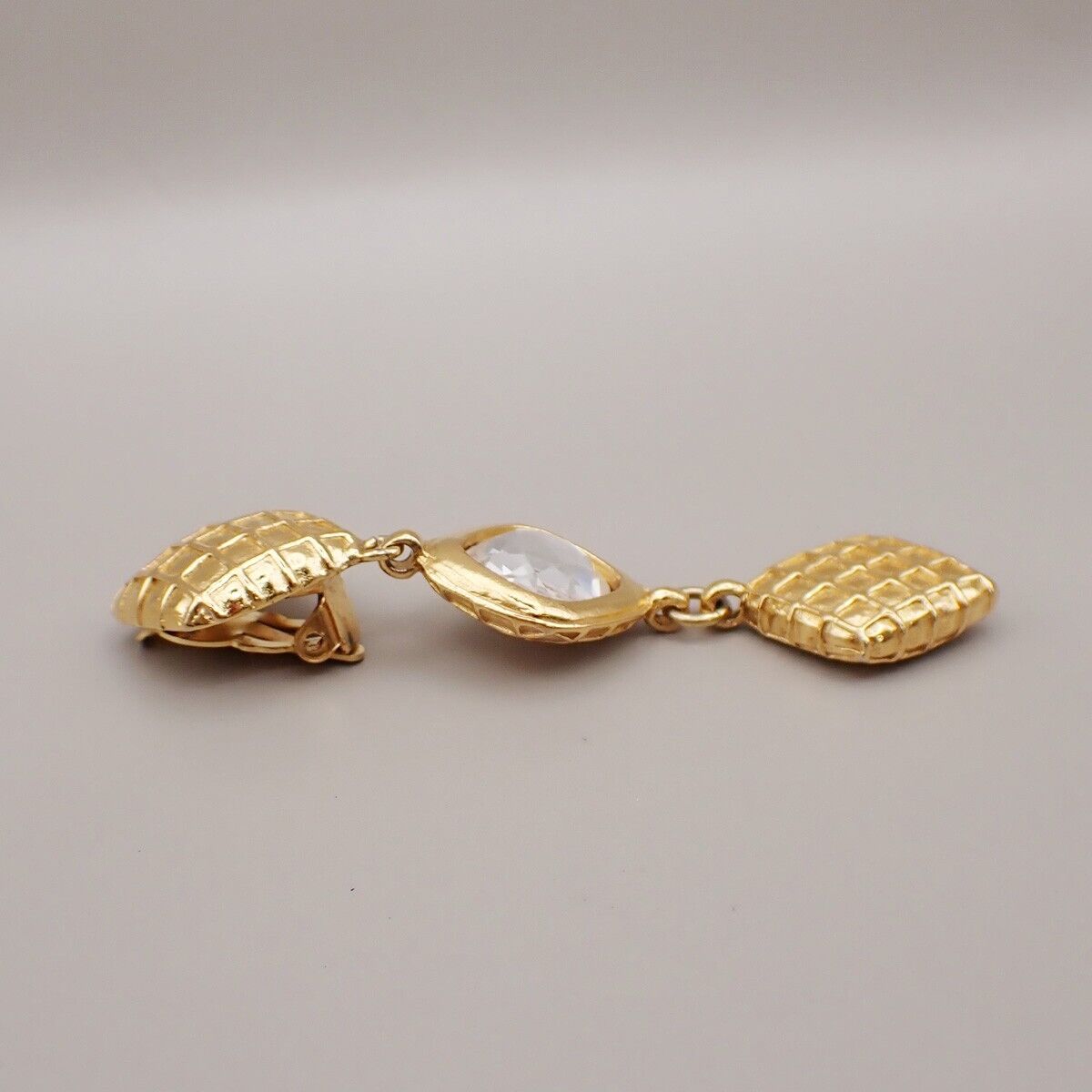 CHANEL Matelasse Diamond Shape Drop Earrings Rhinestone Clip-On Gold 73RL067