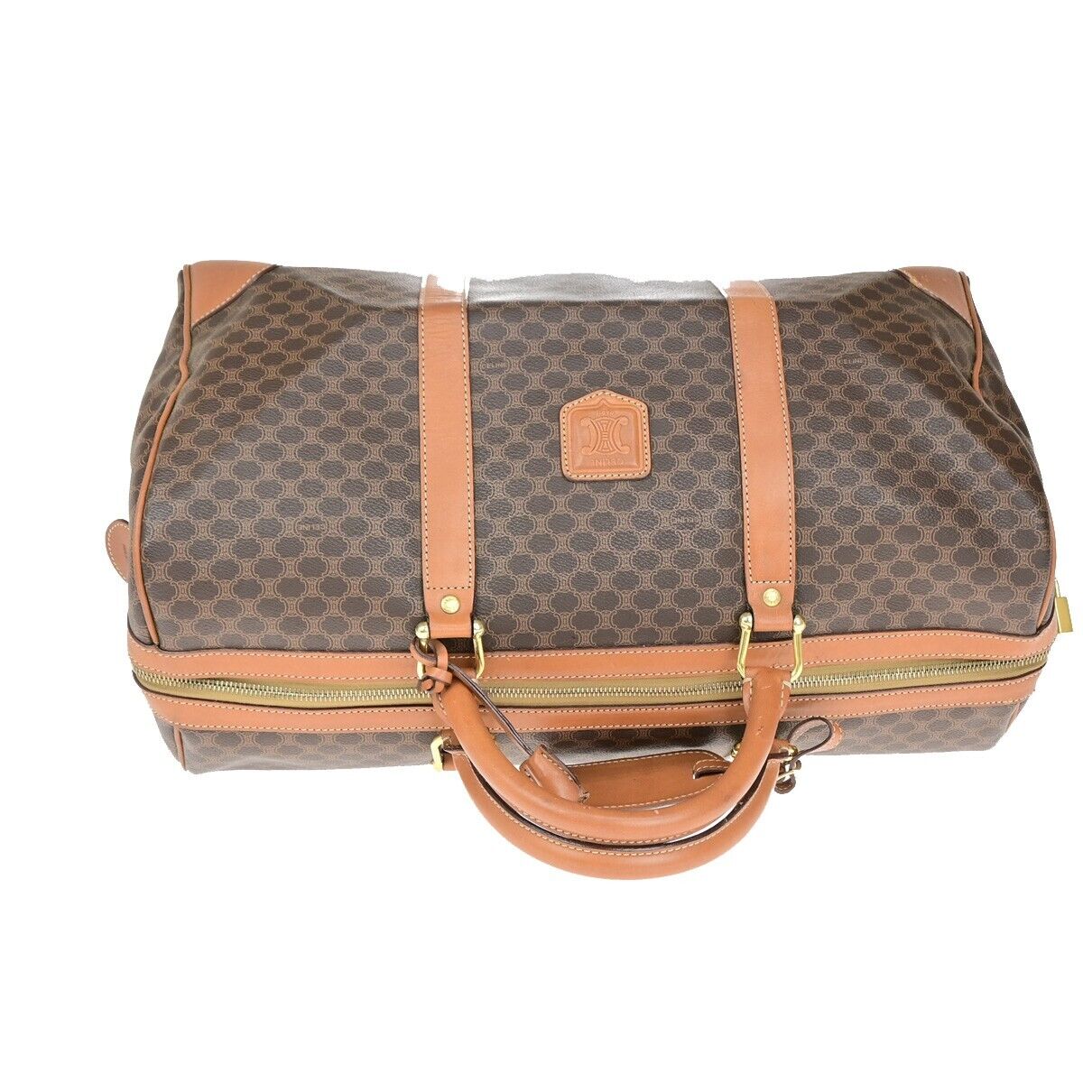CELINE Logo Macadam Pattern Travel Hand Bag PVC Leather Brown Gold Italy 62EC911