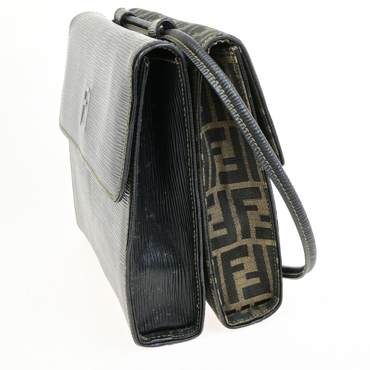 FENDI Logo Zucca Pattern Shoulder Bag Canvas Leather Brown Black GHW 76ED916