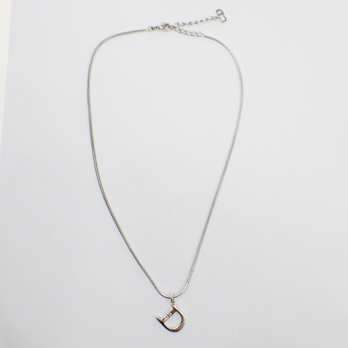CHRISTIAN DIOR D Logo Pendant Necklace Metal Silver Accessory 02ED430