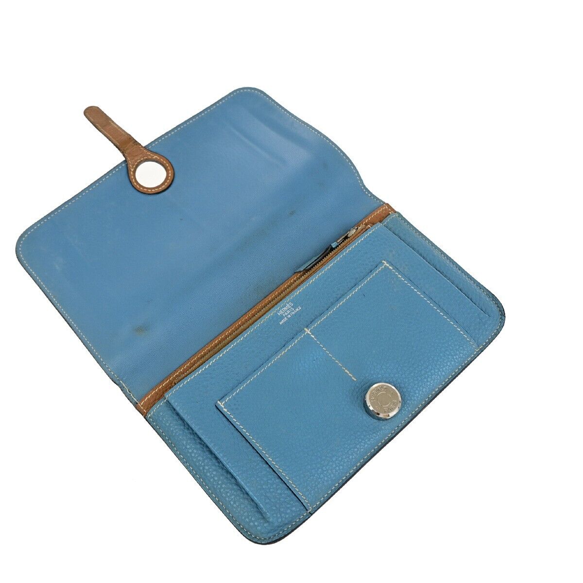 HERMES Dogon GM Coin Case Bicolor Bifold Wallet Togo Leather Bleu Jean 32KA284