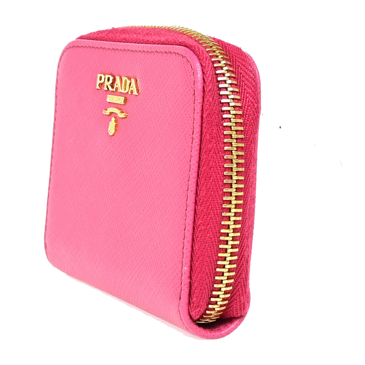 PRADA Logo Saffiano Mini Zipper Around Wallet Leather Pink GHW Italy 38YE697