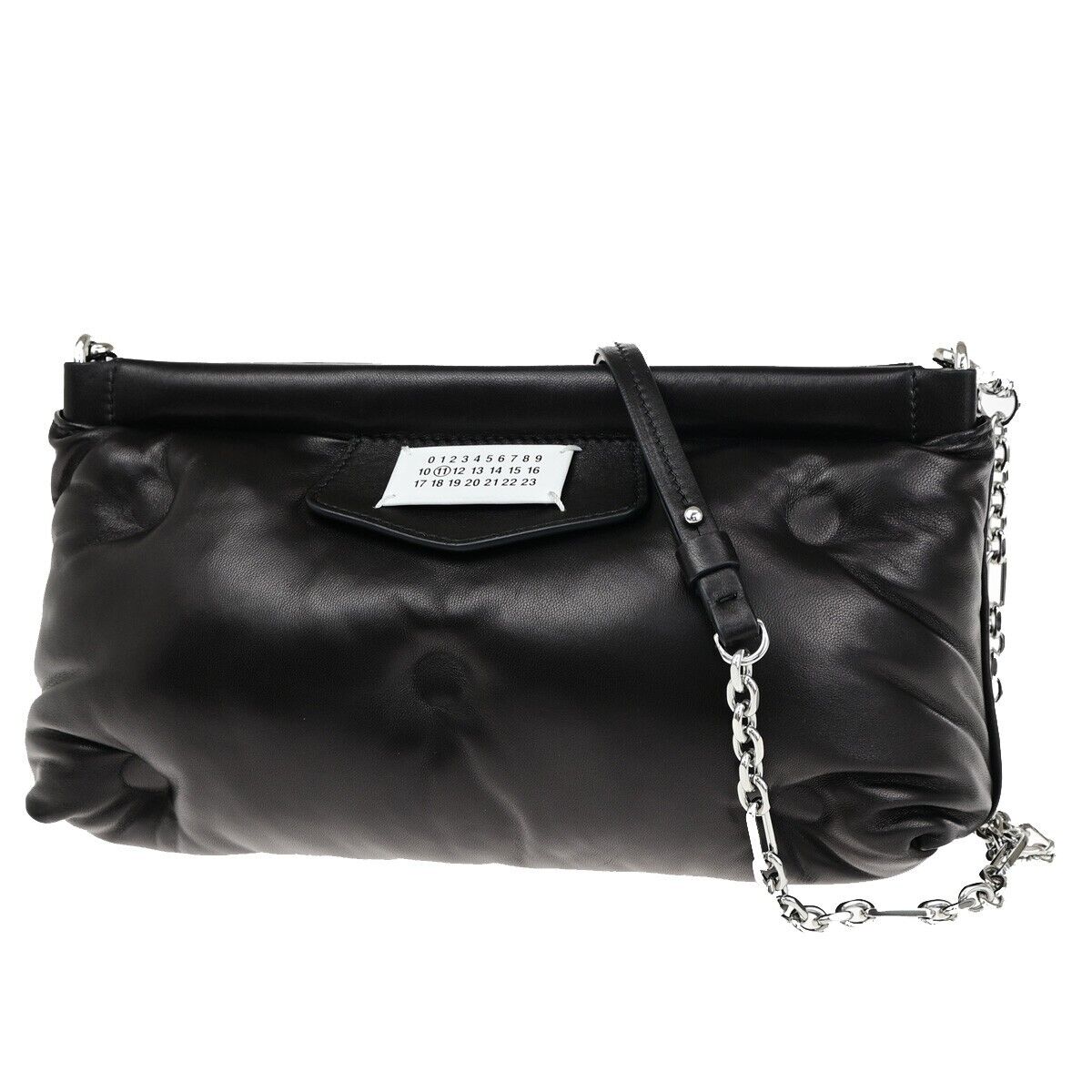 MAISON MARGIELA Logo Glam Slam Chain Clutch Hand Bag Leather Black Silve 40RF146