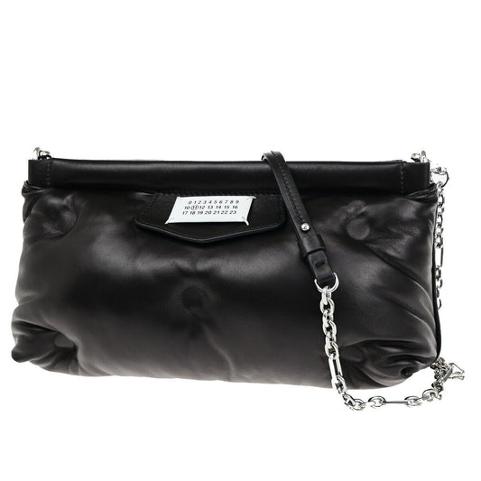 MAISON MARGIELA Logo Glam Slam Chain Clutch Hand Bag Leather Black Silve 40RF146