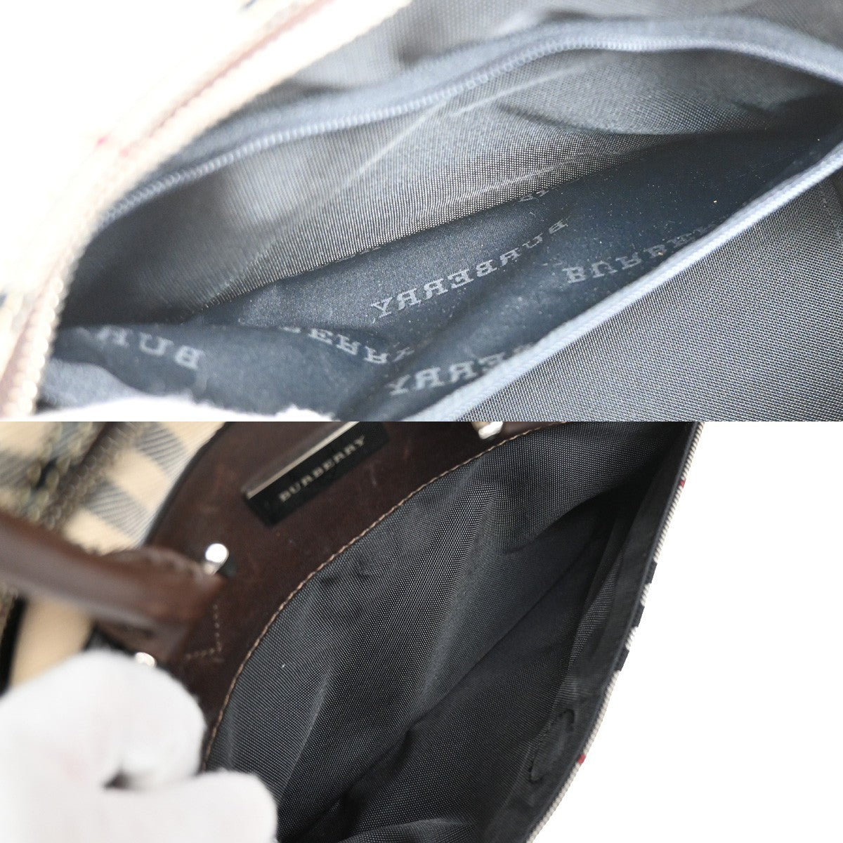 BURBERRY Logo Nova Check Hand Bag Canvas Leather Brown Silver 38KB493