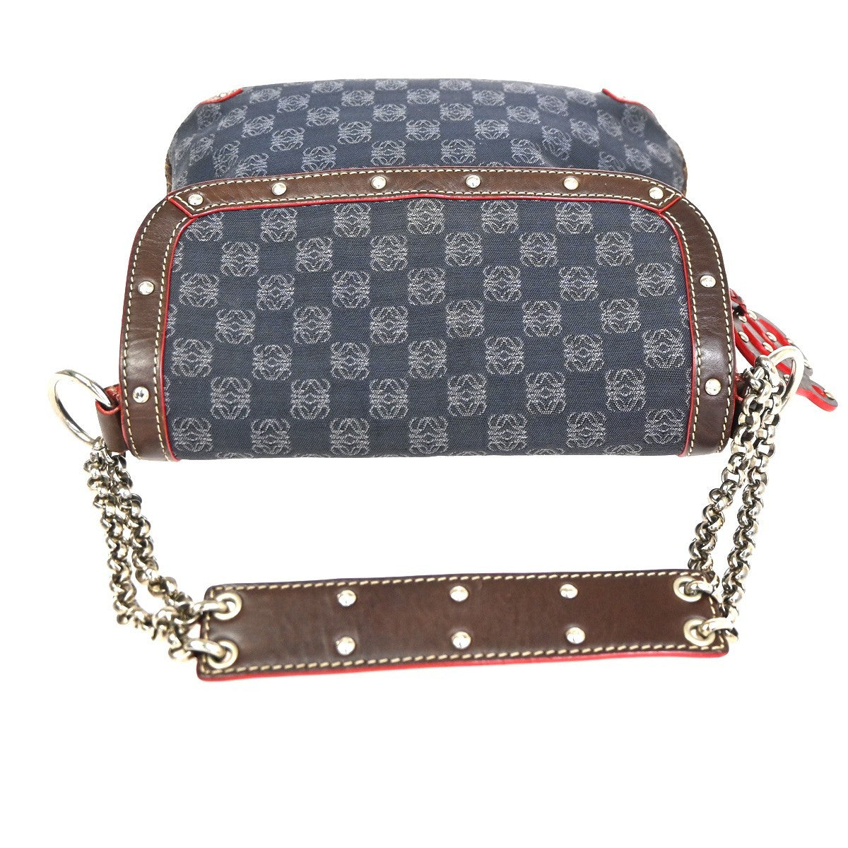 LOEWE Logo Anagram Studded Flap Shoulder Bag Canvas Leather Navy SHW 35CA788