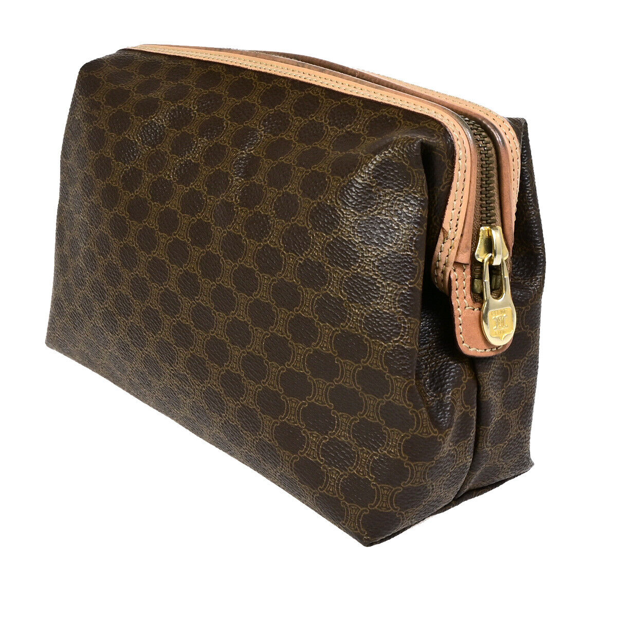 CELINE Logo Macadam Pattern Pouch Hand Bag PVC Leather Brown GHW 04SJ099