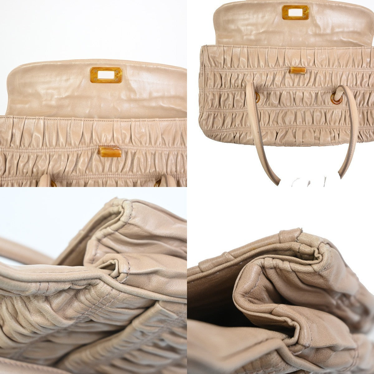 PRADA Logo Flap Shoulder Hand Bag Gathered Nappa Leather Beige Italy 70MA395