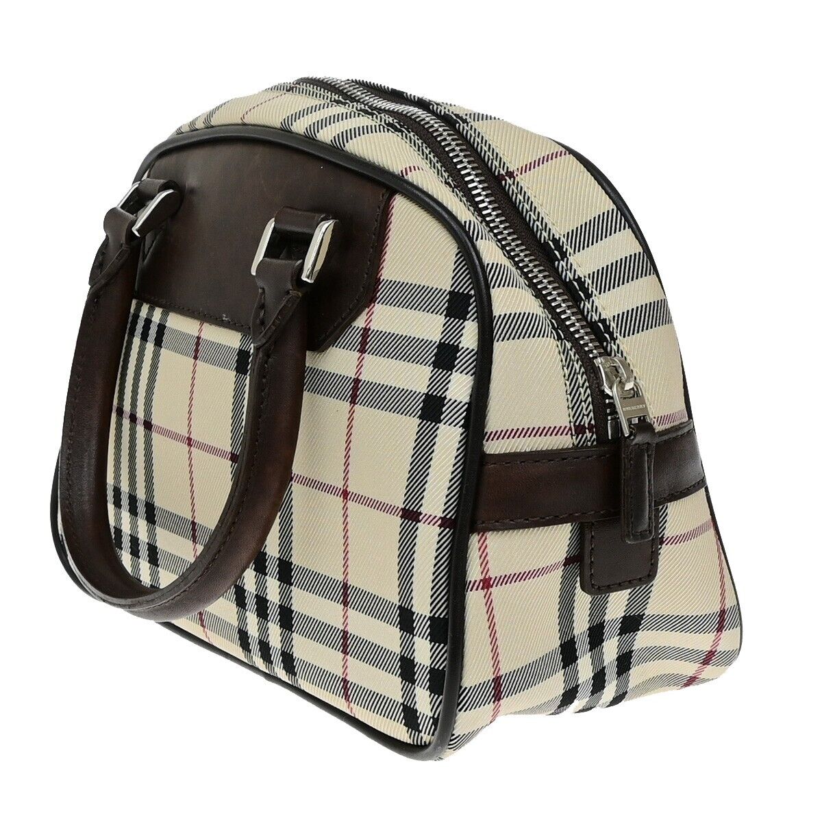 BURBERRY Logo Nova Check Hand Bag Canvas Leather Beige Brown Silver 38ED684