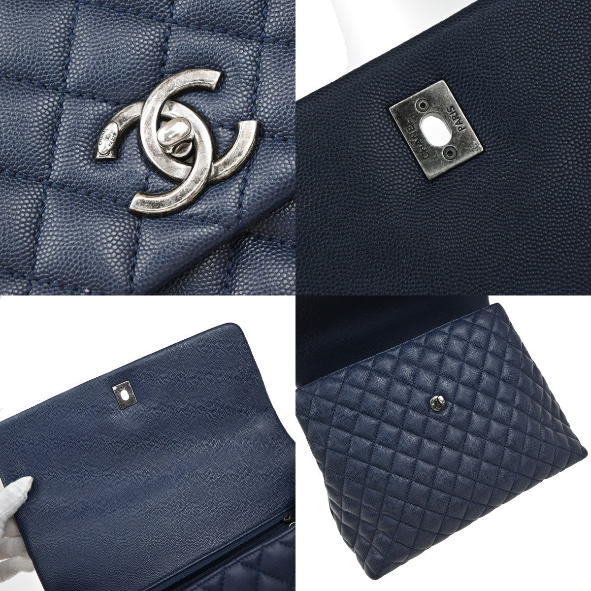 CHANEL 2Way Top Handle Chain Shoulder Bag Grained Calfskin Leather Blue 813RF792