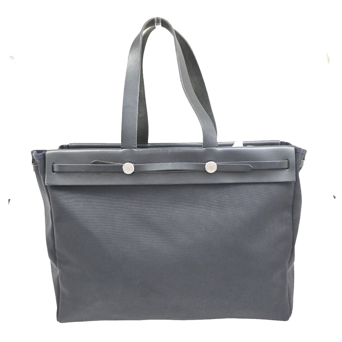 HERMES Her Bag Cabas Shoulder Hand Bag Canvas Leather Black SHW France 84RL826