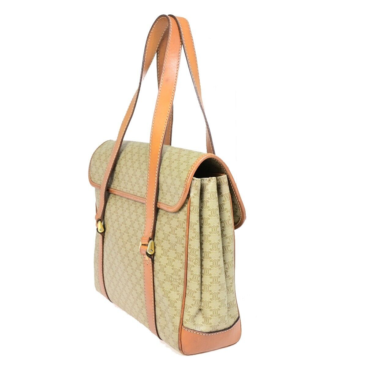CELINE Logo Macadam Pattern Shoulder Tote Bag PVC Leather Brown GHW 61SJ063