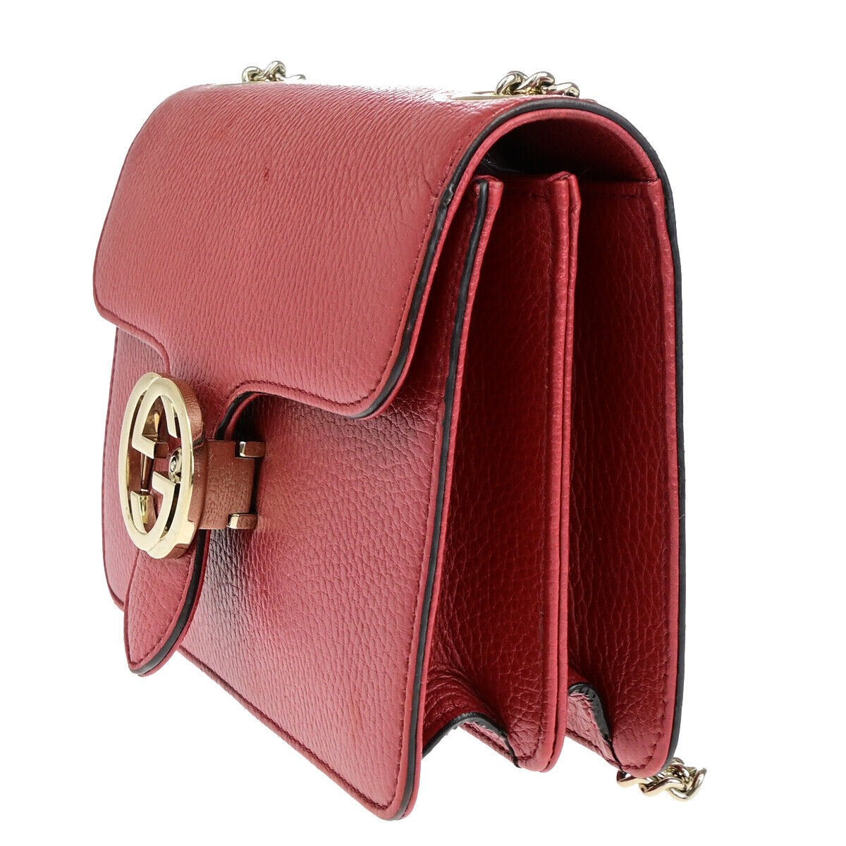 GUCCI Logo Interlocking G Mini Chain Shoulder Bag Leather Red GHW Italy 93YF653