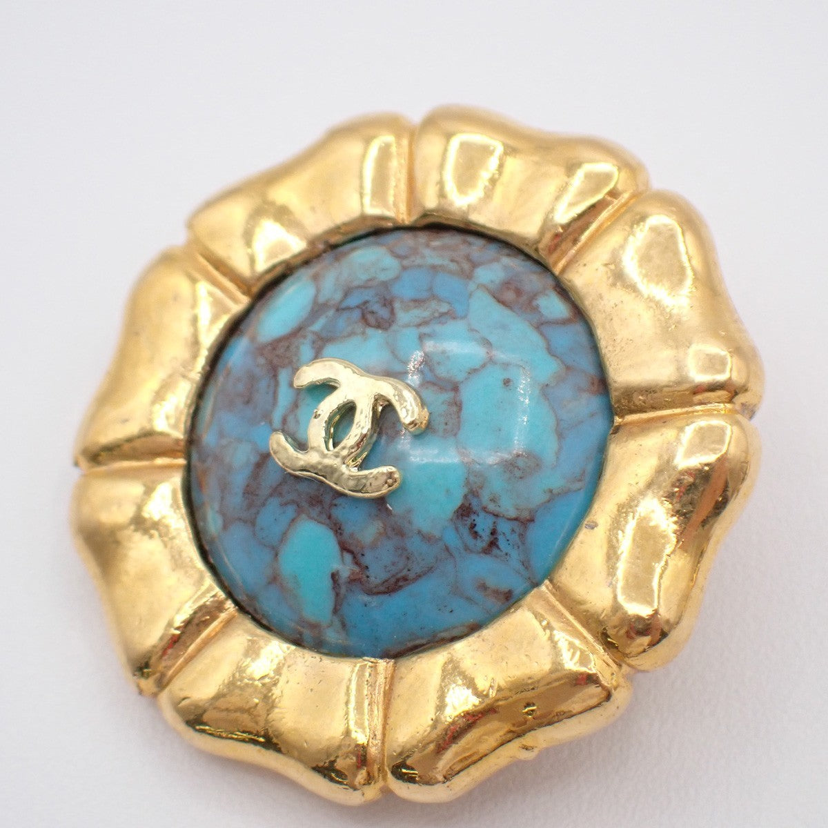 CHANEL CC Logo Color Stone Round Button Earrings Clip-On Blue GHW France 30RF655