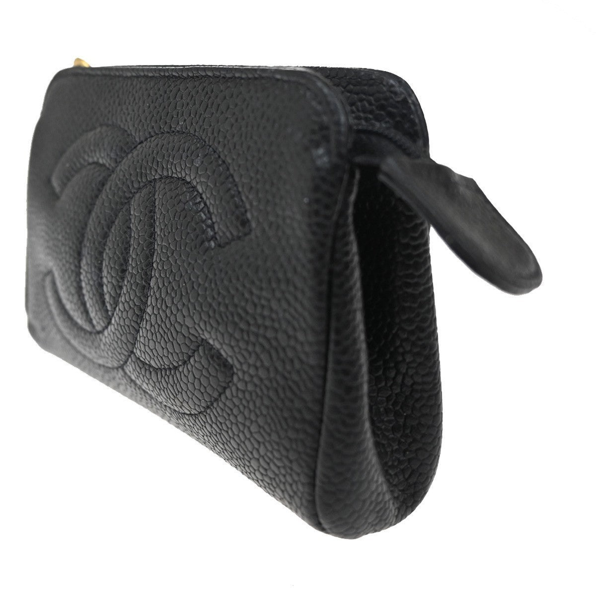 CHANEL CC Pouch Grained Calfskin Leather Black Gold Italy 34TA373
