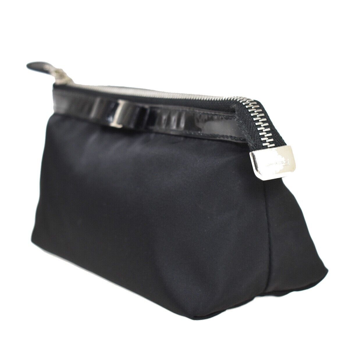 SALVATORE FERRAGAMO Vara Vanity Pouch Case Nylon Patent Leather Black 07GA588