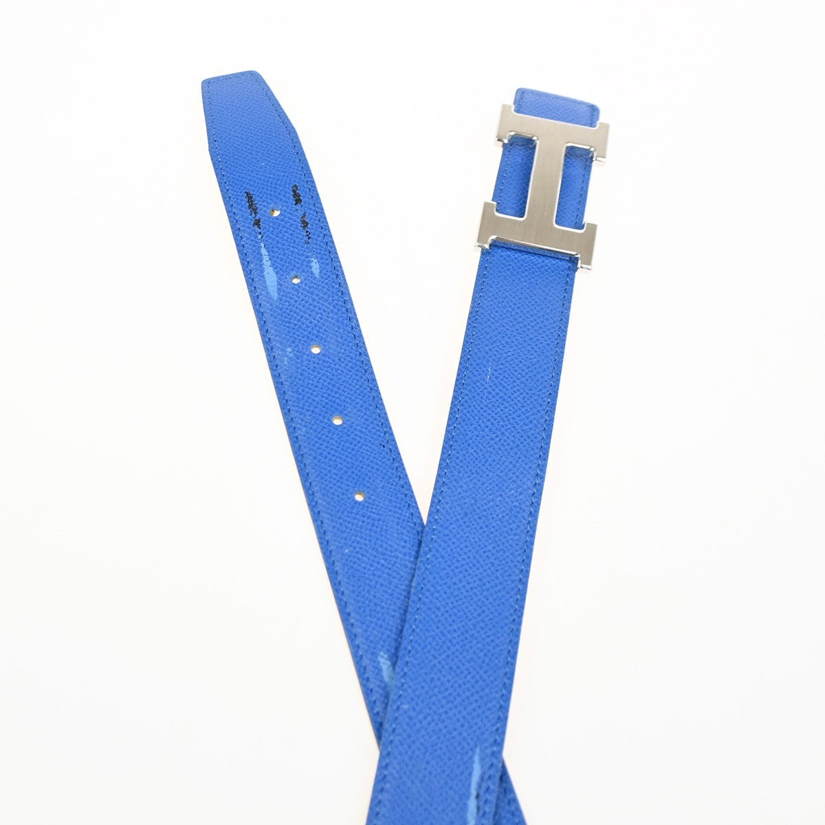 HERMES H Logo Constance Reversible Buckle Belt Leather #80 SHW Blue YW 82KC662
