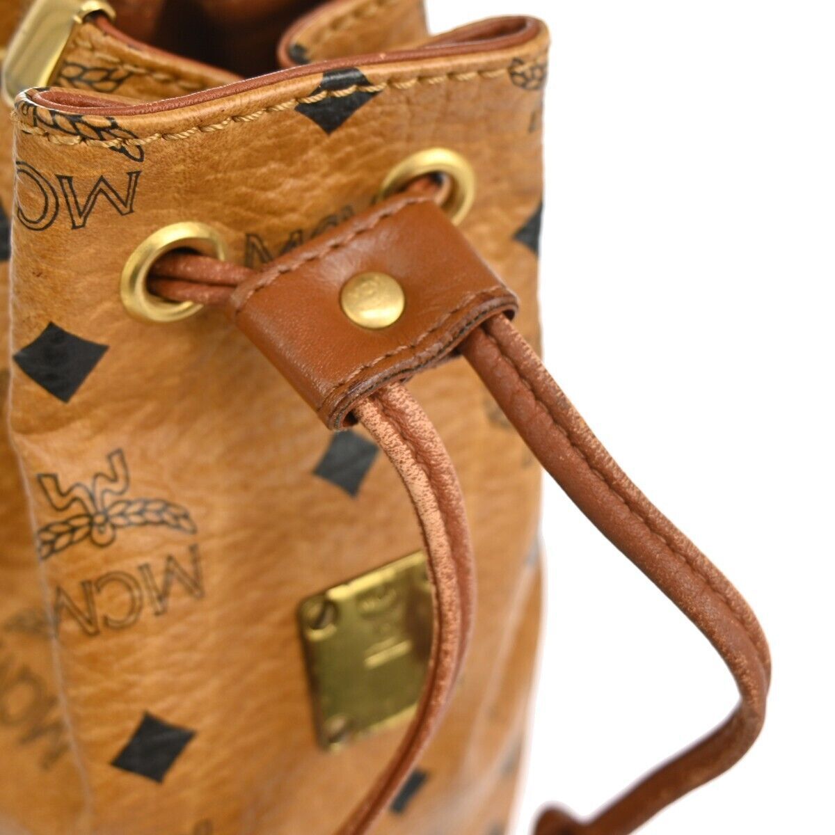 MCM Drawstring Shoulder Bag Leather Brown Gold Plated Made In Germany 68GA036