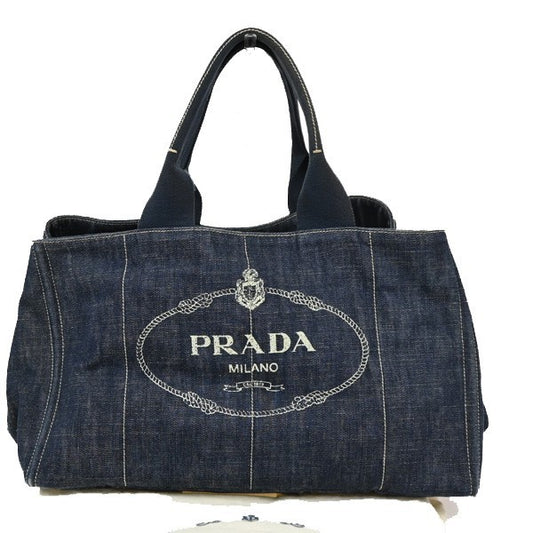 PRADA Plate Logo Canapa Shoulder Hand Bag Denim Canvas Blue 35TA179