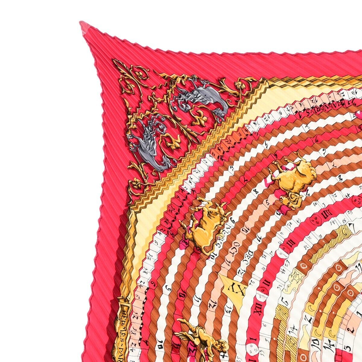 HERMES XL Carre 90 Pleated Scarf 100% Silk Red 63ED693