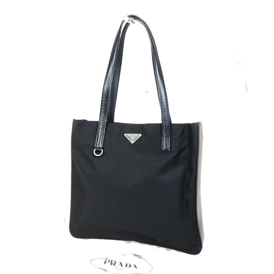 PRADA Logo Tessuto Shoulder Tote Bag Nylon Leather Black SHW Italy 65FB163
