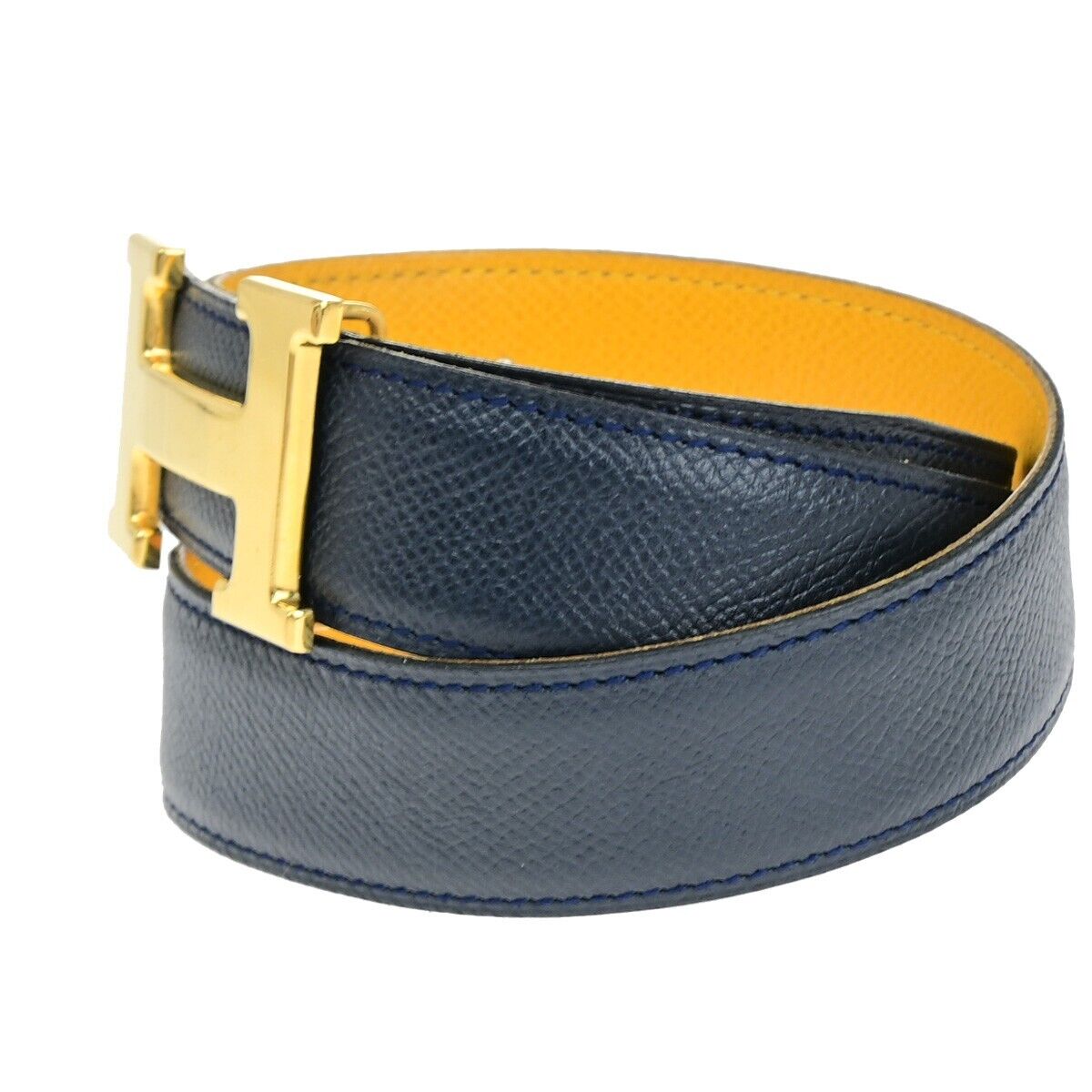 HERMES H Logo Constance Reversible Buckle Belt #70 Leather Navy Blue YW 01HB974
