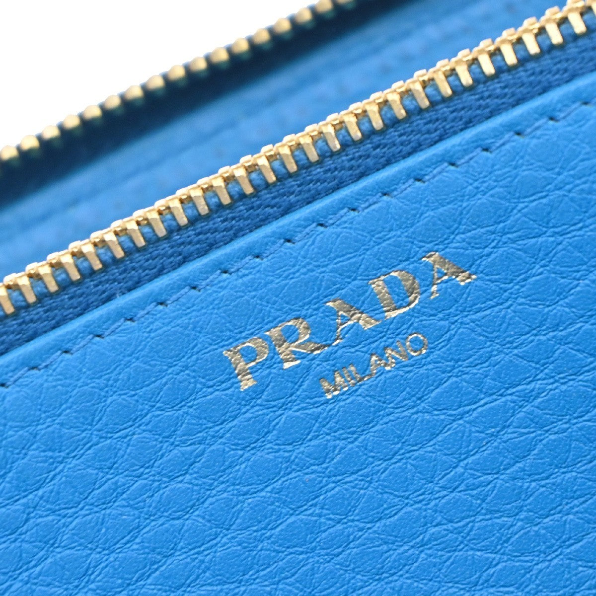 PRADA Logo Long Zipper Around Wallet Vitello Grain Leather Blue Italy 30KB104