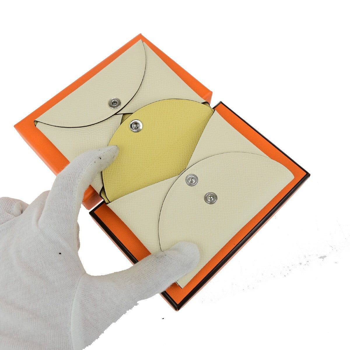 HERMES Logo Calvi Duo Card Holder Coin Case Epsom Leather White Yellow 50RK842