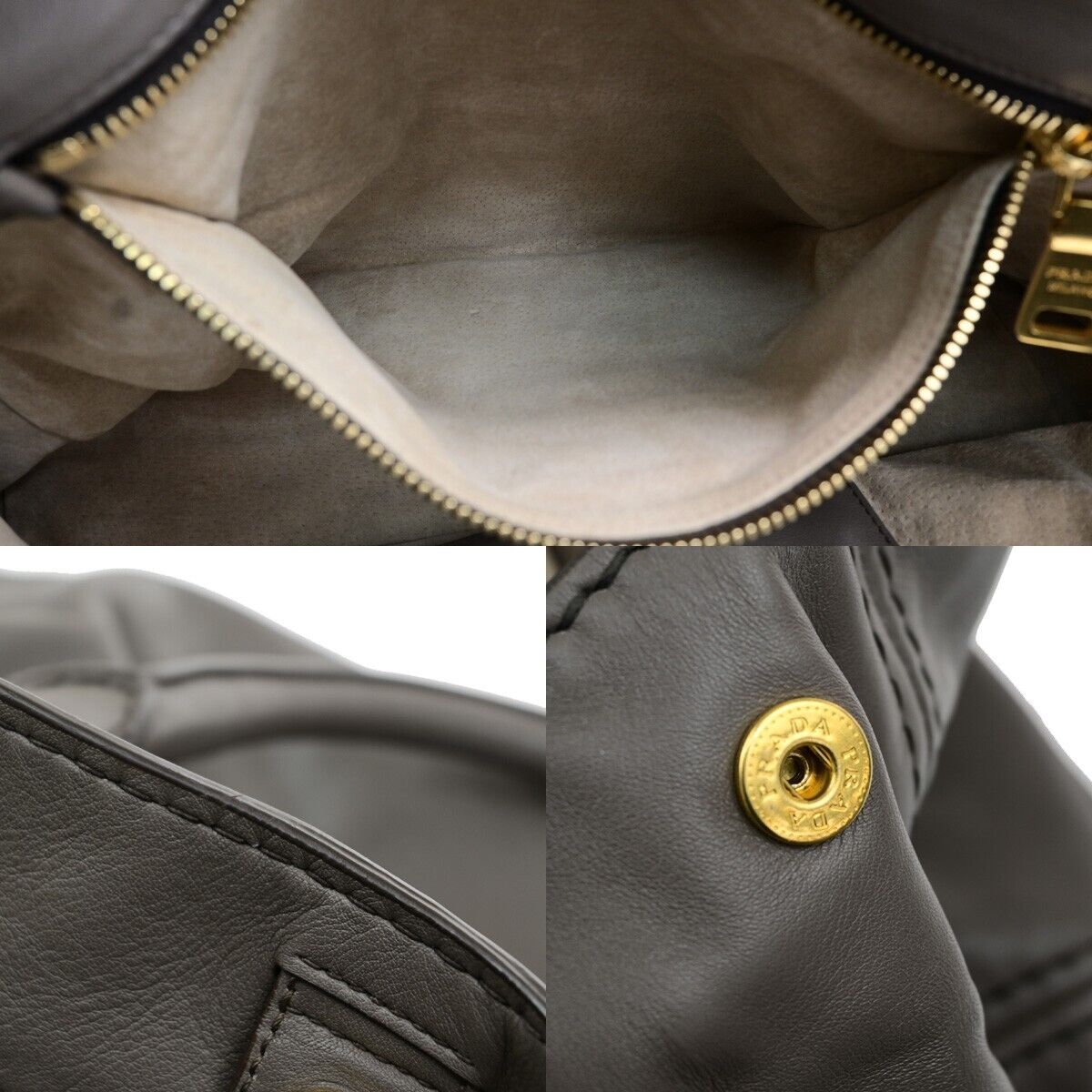 PRADA MILANO Logo Hand Tote Bag Leather Gray Gold-Plated 32FB528