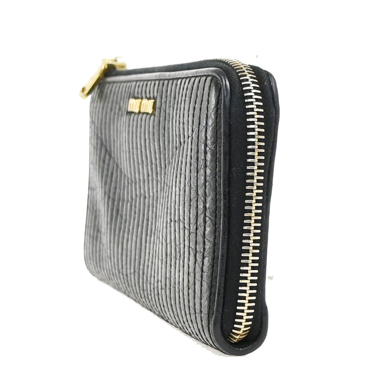 MIU MIU LOGO Matelasse Long Zipper Around Wallet Leather Black GHW 63KD079